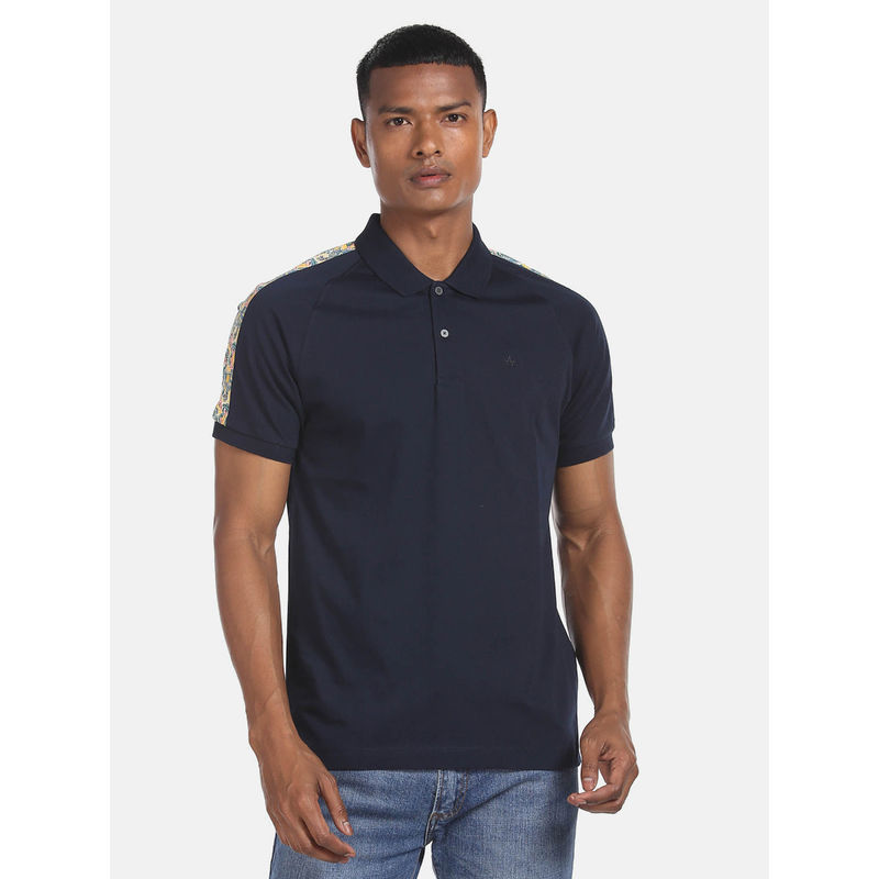 Arrow Newyork Men Navy Blue Contrast Panel Cotton Solid Pique Polo Shirt (L)