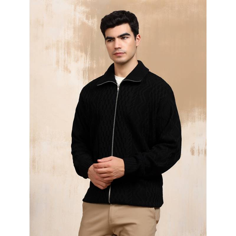 Kvetoo Black Men Cable Knit Full Sleeve Sweater Jacket Front Full Zipper Jacket (M)