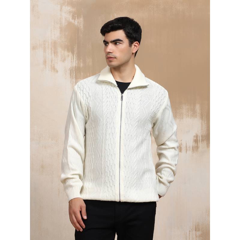 Kvetoo Off White Men Cable Knit Full Sleeve Sweater Jacket Front Full Zipper Jacket (M)