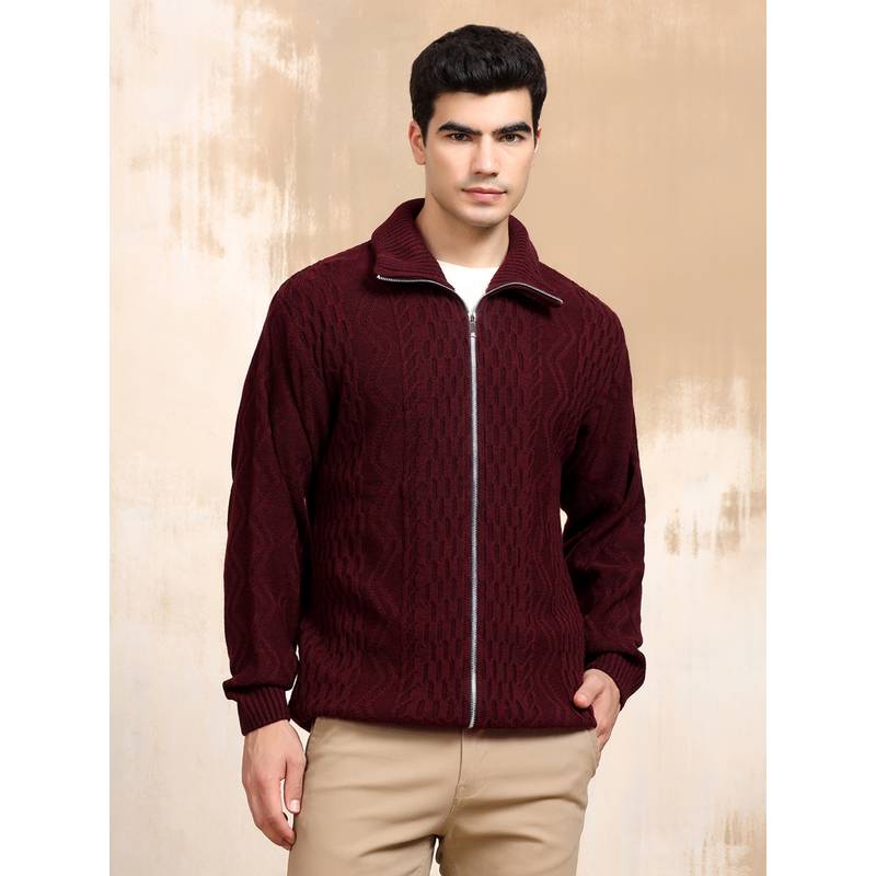 Kvetoo Wine Men Cable Knit Full Sleeve Sweater Jacket Front Full Zipper Jacket (XL)