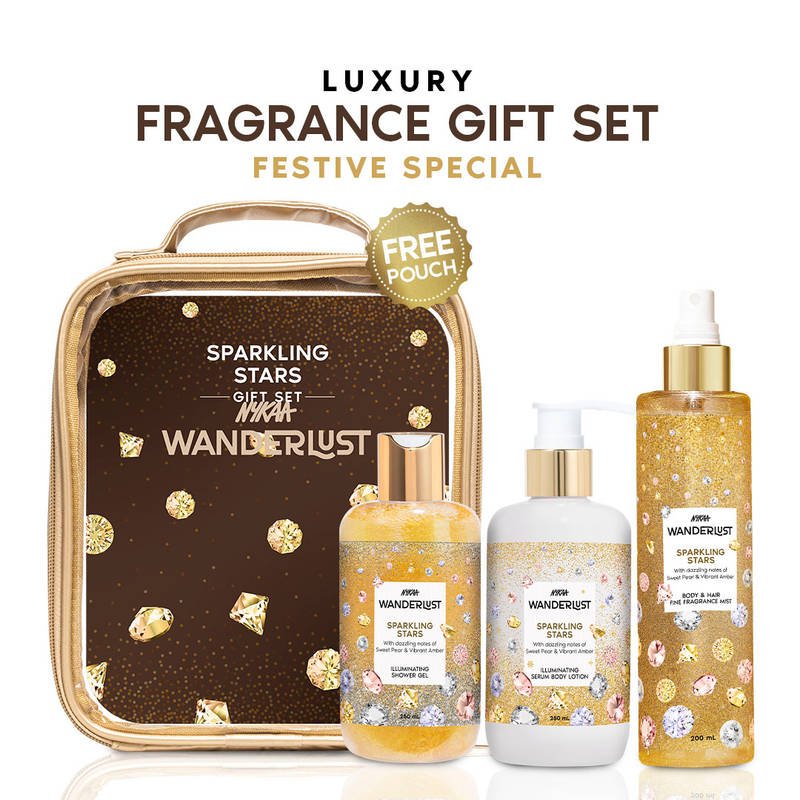 Nykaa Wanderlust Sparkling Stars Free Gold Pouch Gift Set for Women - Shower Gel, Lotion, Mist