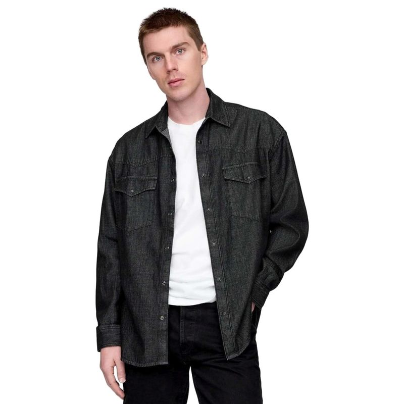 GAP Black Men's Spread Collar Full Sleeve Denim Shirt (L)