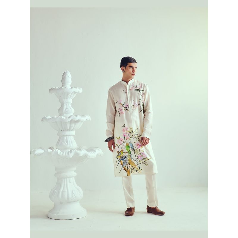 WABI SABI by Anshum-Ritesh Parakeet Ivory Hand Painted Kurta with Pant (XS)