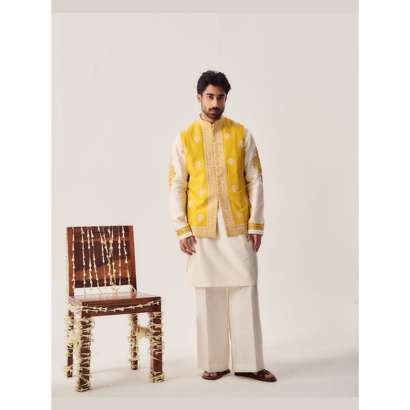WABI SABI by Anshum-Ritesh Marigold Court Beige Thread Work Kurta with Pant and Jacket (M)
