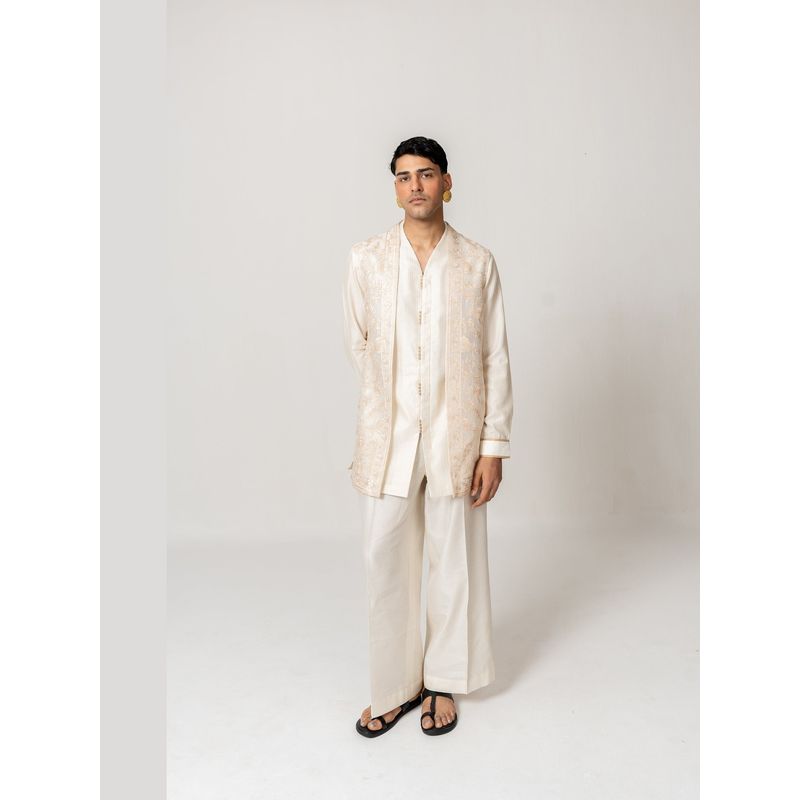 WABI SABI by Anshum-Ritesh Moonlit Ivory Thread Work Shirt with Flare Pant and Jacket (XS)