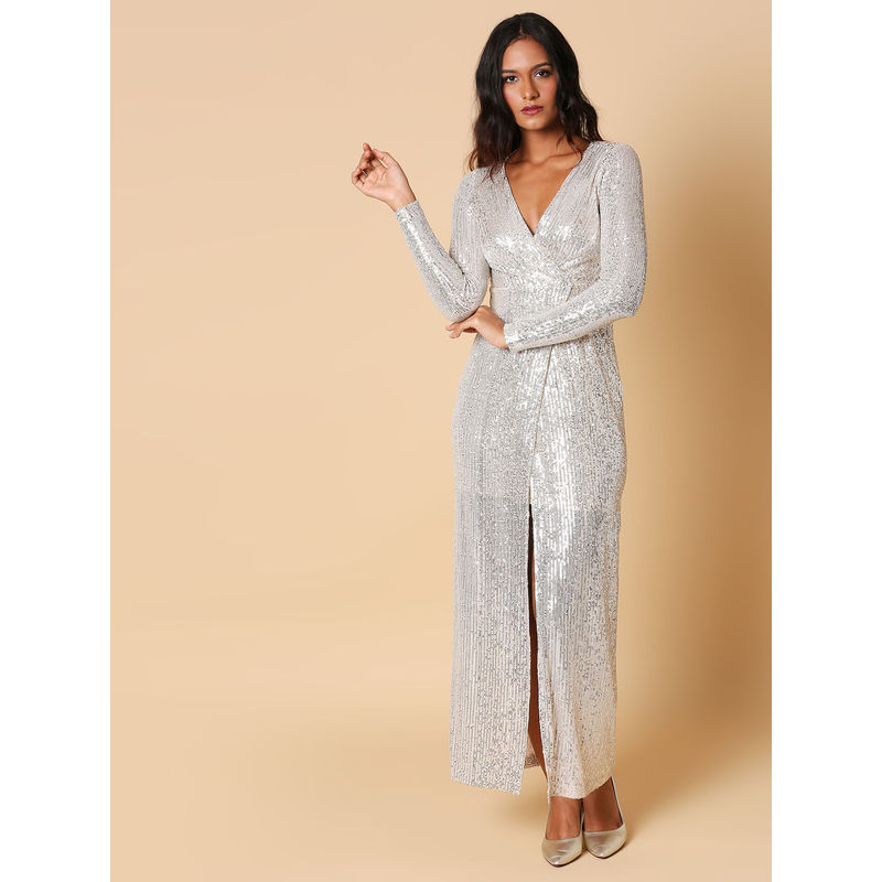 RSVP By Nykaa Fashion Come And Get Me Sliver Sequin Maxi Dress (XS)