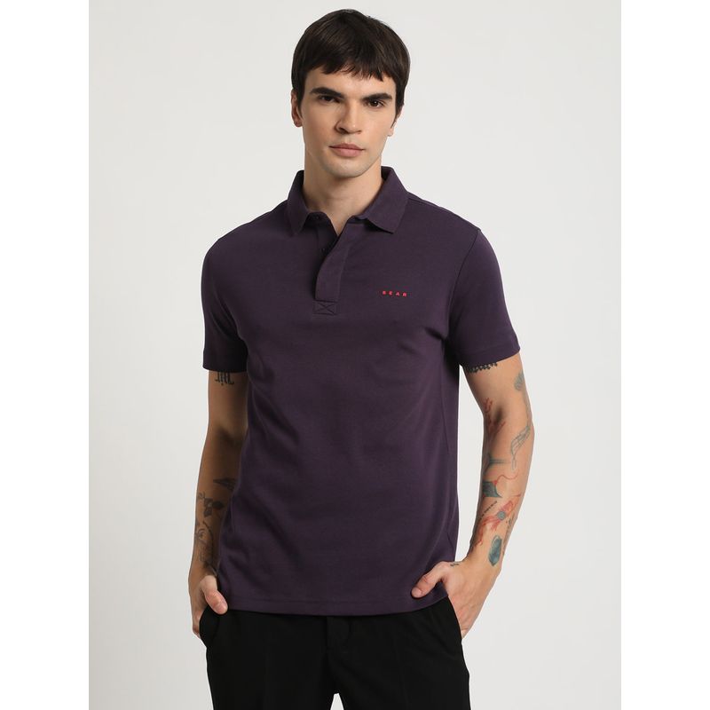 THE BEAR HOUSE Men Purple Solid Slim Fit Polo Collar T-Shirt (S)