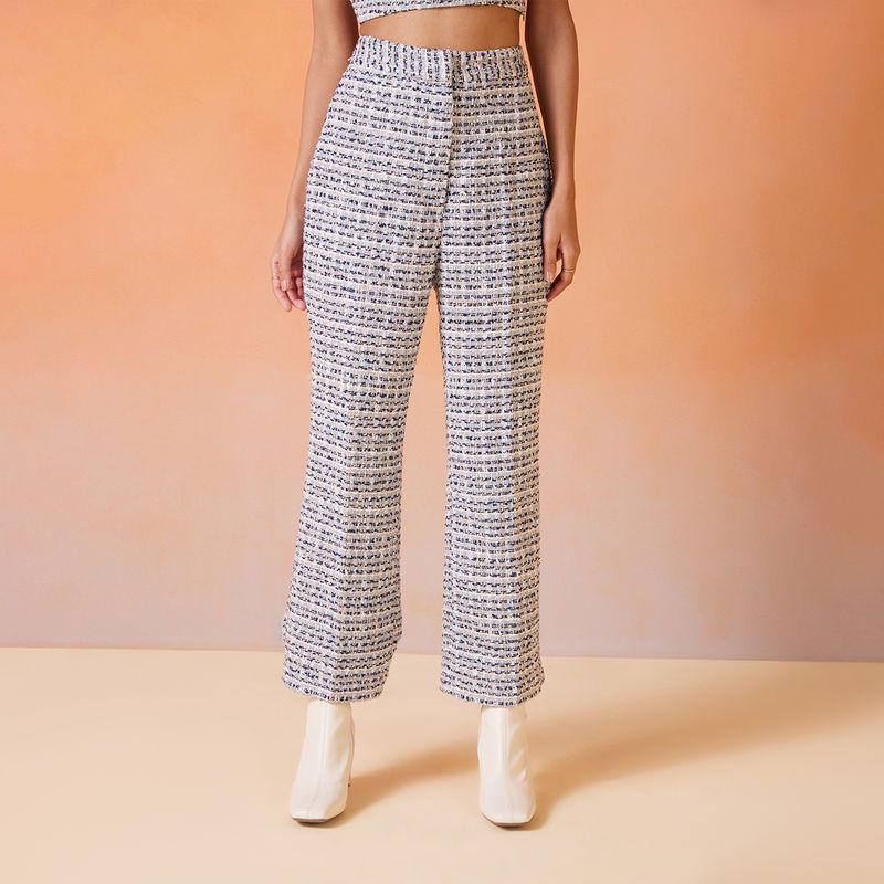 RSVP by Nykaa Fashion Blue and White Checked High Waist Tweed Pants (28)