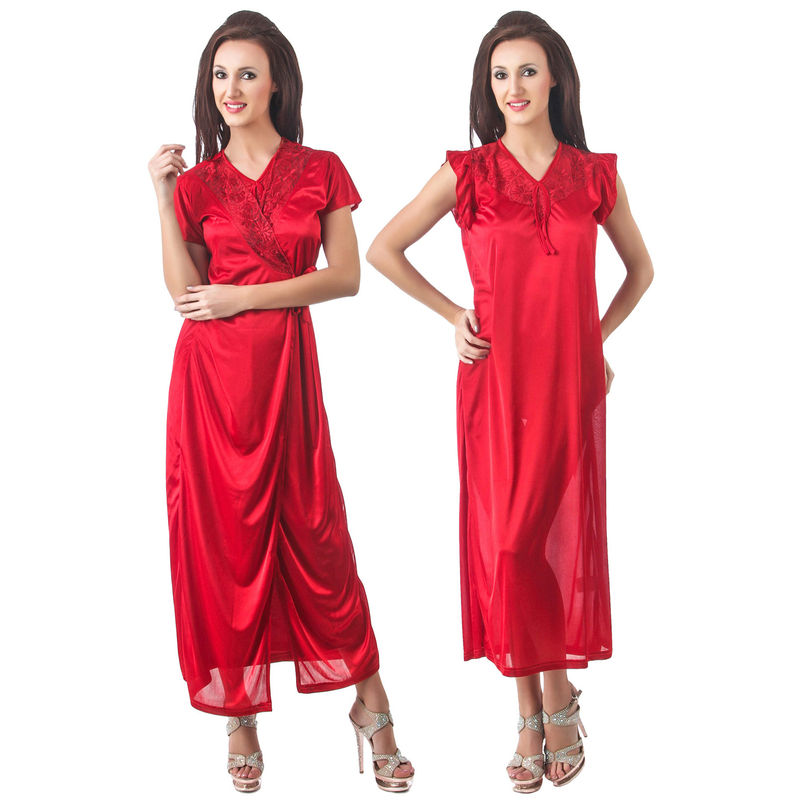 Fasense Women Satin Nightwear Sleepwear 2 Pcs Set Of Nighty, Robe, SR006 A - Red (M)