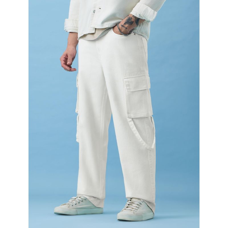 The Souled Store Baggy-Fit Denim Pearl White Men Cargo Jeans (32)