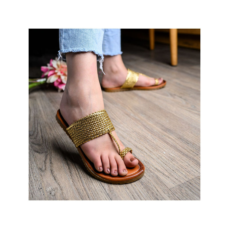 Shoetopia Women Gold-Toned Woven Design Open Toe Flats (Euro 38)