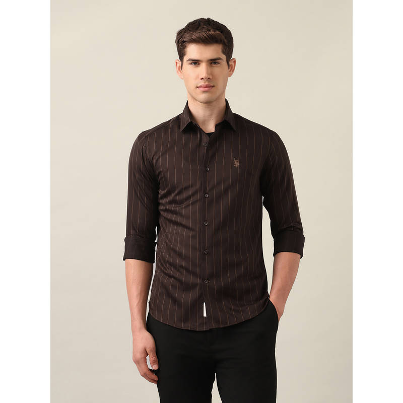 U.S. POLO ASSN. Men's Brown Vertical Striped Cotton Shirt (42)