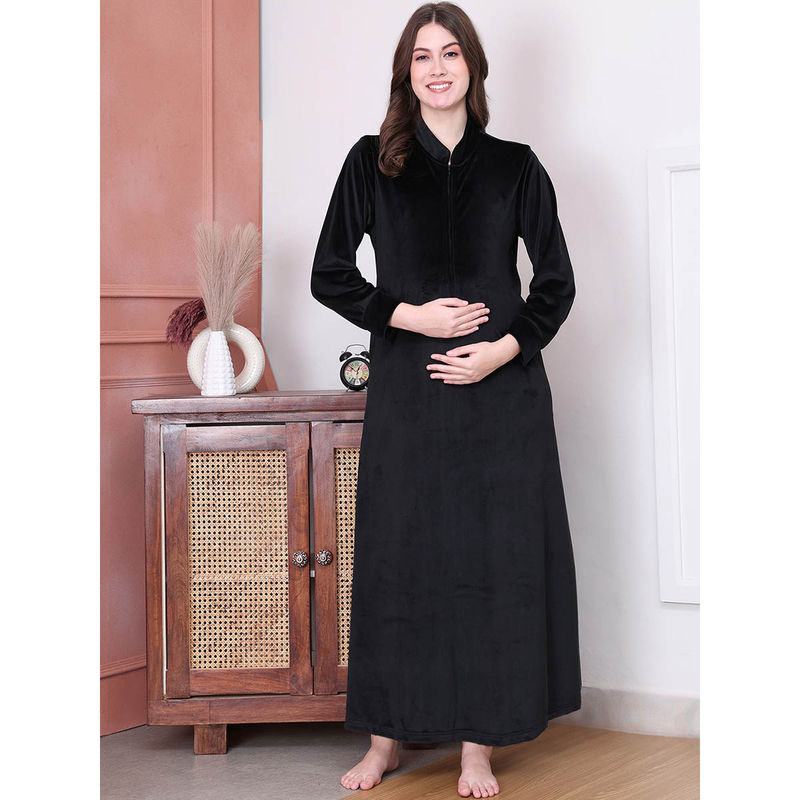 Secret Wish Solid Black Velvet Maternity Nighty Full Length (XL)