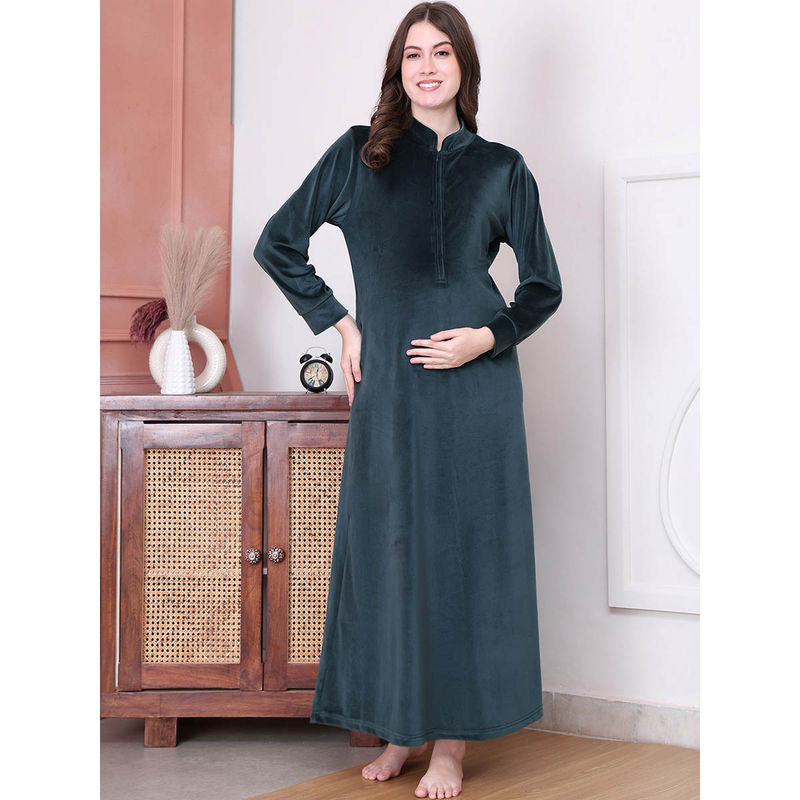 Buy Secret Wish Solid Green Velvet Maternity Nighty Full Length Online