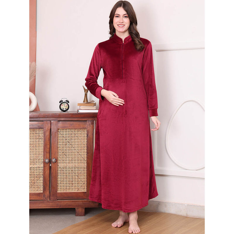Secret Wish Solid Maroon Velvet Maternity Nighty Full Length (2XL)