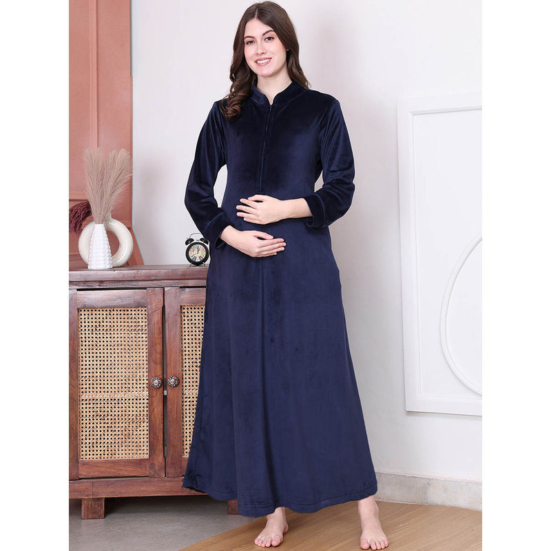 Secret Wish Solid Navy Blue Velvet Maternity Nighty Full Length (XL)