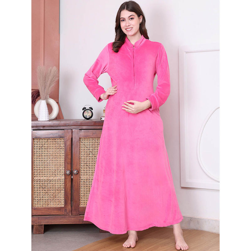 Buy Secret Wish Solid Pink Velvet Maternity Nighty Full Length Online