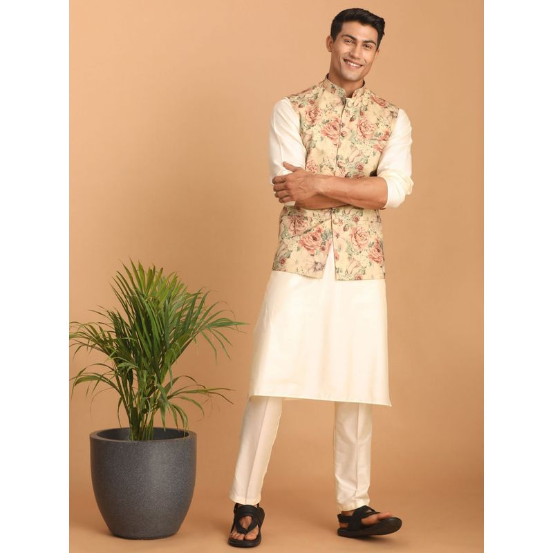 Vastramay Men's Cream And Brown Silk Blend Jacket, Kurta and Pyjama (Set of 3) (S)