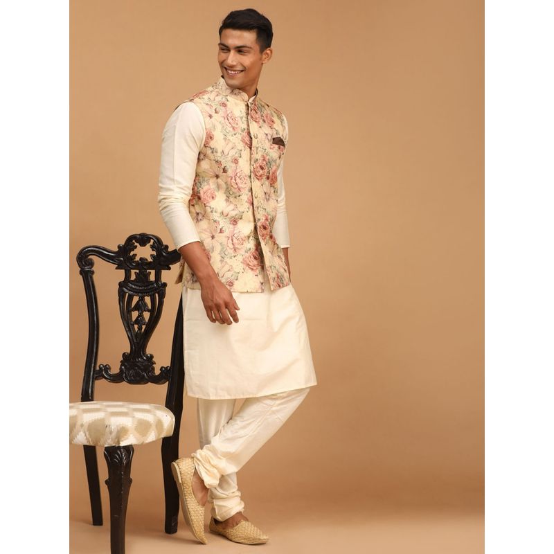 Vastramay Men's Brown And Cream Viscose Jacket, Kurta and Pyjama (Set of 3) (S)