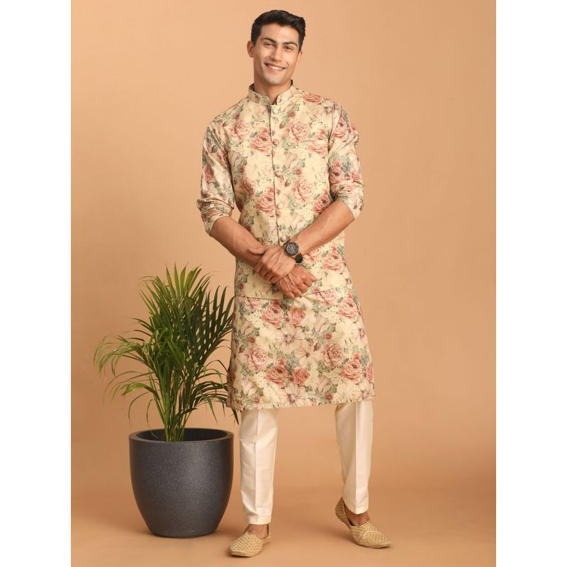 Vastramay Men's Multi-Color Silk Blend Jacket, Kurta and Pyjama (Set of 3) (M)
