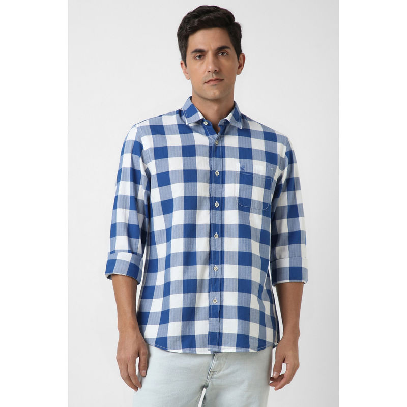 Peter England Men Blue Slim Fit Check Full Sleeves Casual Shirt (40)