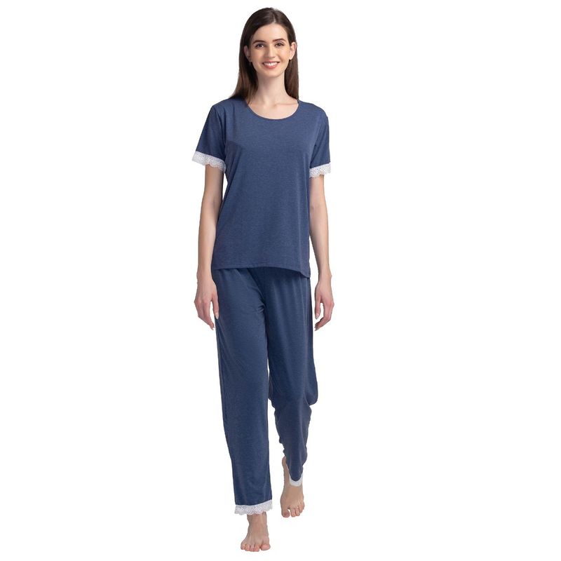 Candyskin Women Navy Blue Cotton T-Shirt with Pyjama Night Suit (Set of 2) (S)