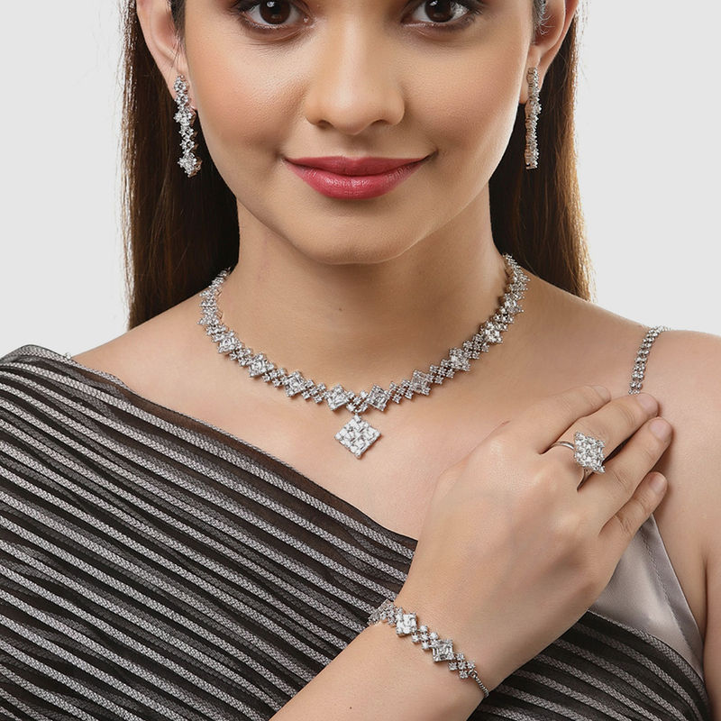 Premium Jwlry - Silver & Turquoise Toned Crystals Studded Rhodium - Plated Teardrop Shaped Handcrafted Drop Earrings