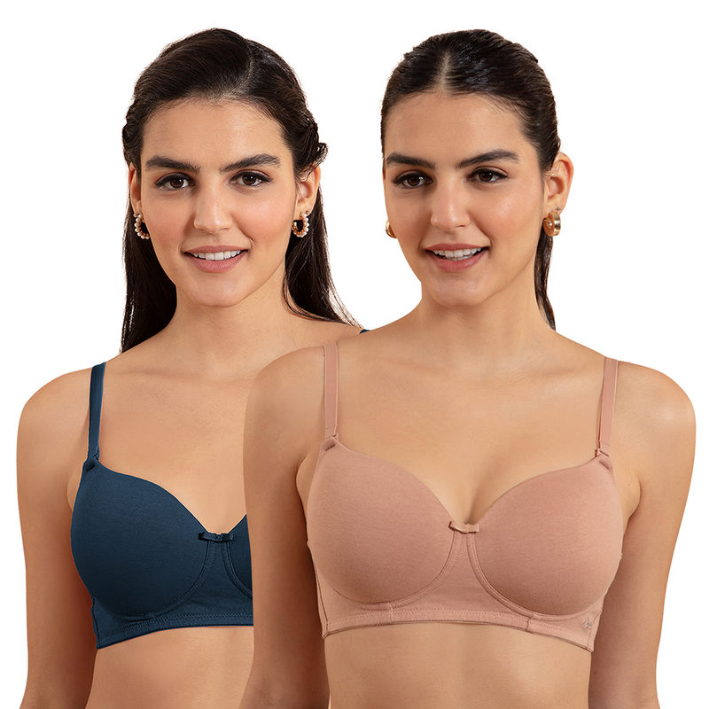 Nykd by Nykaa Breathe Cotton Padded Wireless T-Shirt Bra Blue & Dark Skin NYB198 (Pack Of 2) (38B)