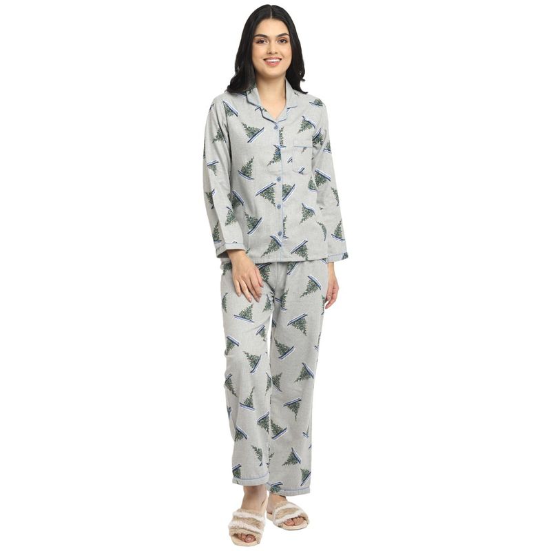 Shopbloom X-Mas Tree Print Cotton Flannel Long Sleeve Women'S Night Suit - Grey (XS)