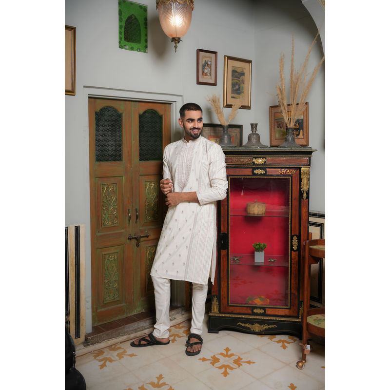 ETHNIC INDIA Embellished Viscose Rayon Regular Straight Cream Kurta (38)