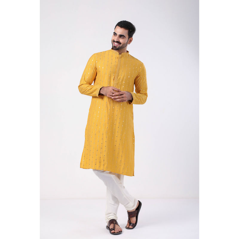ETHNIC INDIA Embellished Viscose Rayon Yellow Regular Straight Kurta (38)