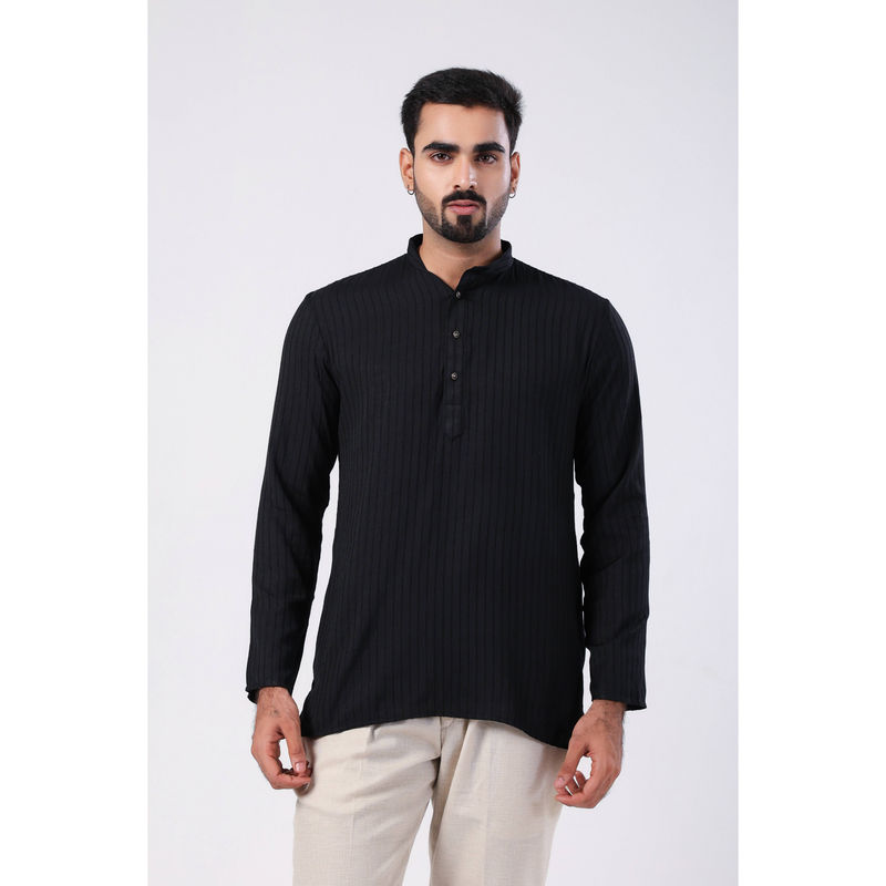 ETHNIC INDIA Striped Viscose Rayon Black Regular Straight Kurta (42)