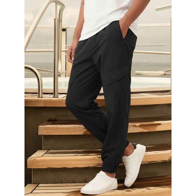 Bewakoof Men's Jet Black Super Loose Fit Nylon Cargo Jogger Pants (S)