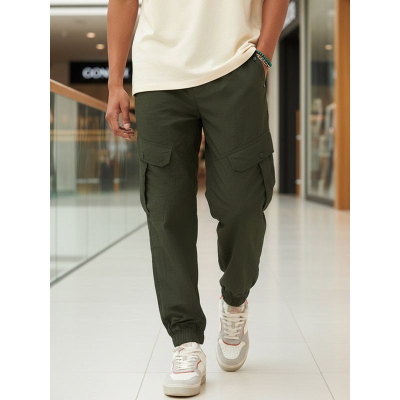 Bewakoof Men's Olive Green Super Loose Fit Nylon Cargo Jogger Pants (S)