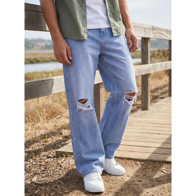 Bewakoof Men's Light Blue Washed Baggy Fit Distressed Mid-Rise Jeans (38)