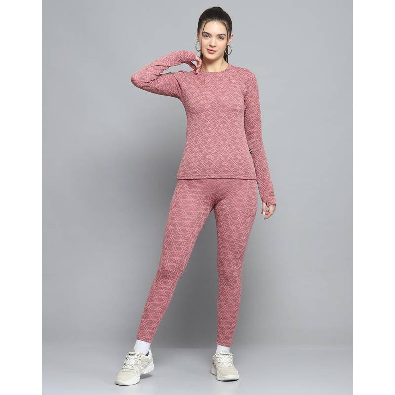Rock.it Women Printed Peach Round Neck Full Sleeve Top With Track Pant (S)