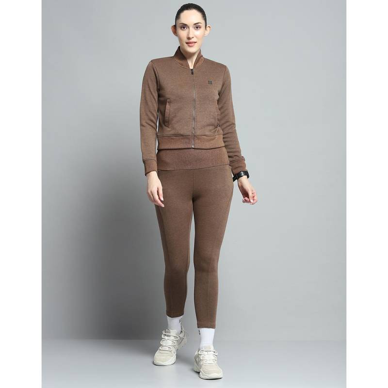 Rock.it Women Solid Brown High Neck Full Sleeve Jacket With Track Pant (XL)