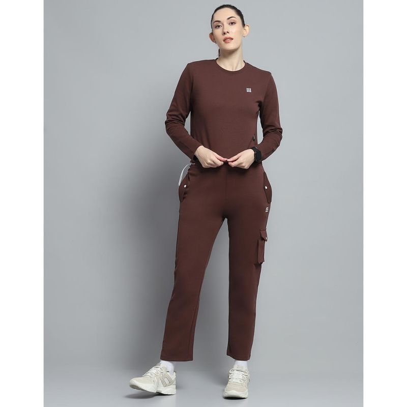 Rock.it Women Solid Brown Round Neck Full Sleeve Top With Track Pant (S)