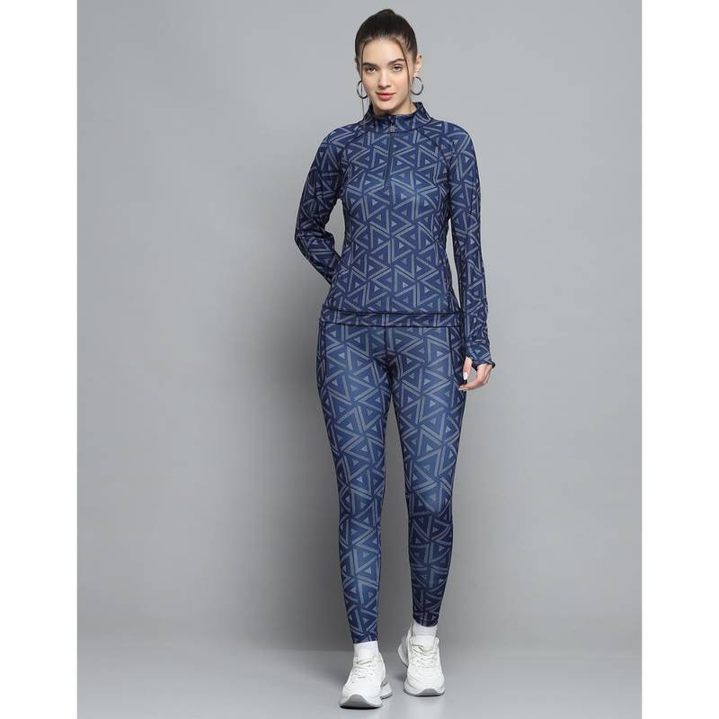 Rock.it Women Printed Navy Blue High Neck Full Sleeve Top With Track Pant (3XL)