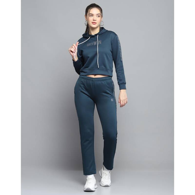 Rock.it Women Printed Blue Hooded Neck Full Sleeve Hoodie With Track Pant (XL)