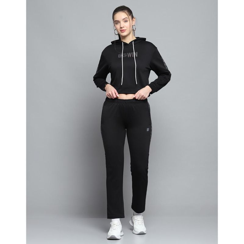 Rock.it Women Printed Black Hooded Neck Full Sleeve Hoodie With Track Pant (L)