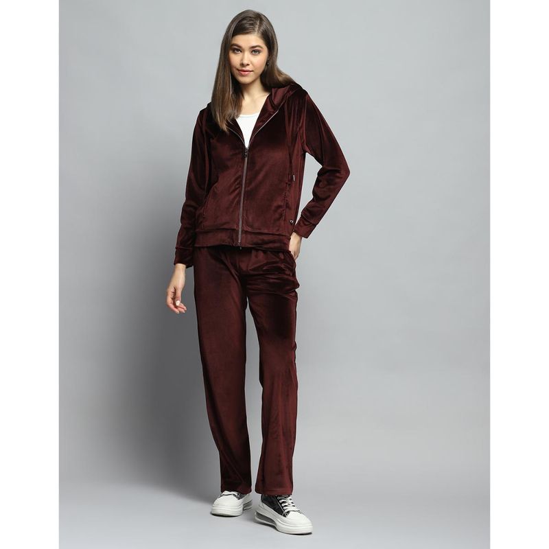 Monte Carlo Women Solid Maroon Hooded Neck Full Sleeve Hoodie with Track Pant (3XL)