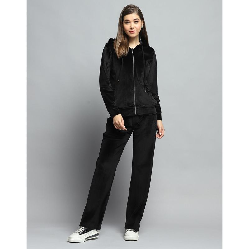 Monte Carlo Women Solid Black Hooded Neck Full Sleeve Hoodie with Track Pant (S)