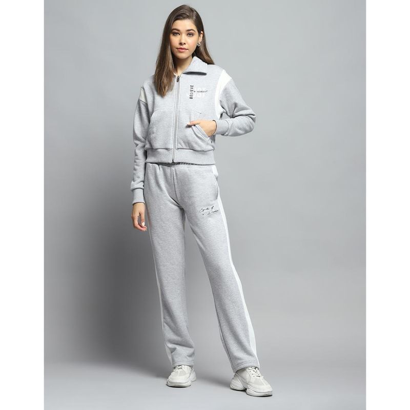 Monte Carlo Women Printed Grey Collar Neck Full Sleeve Jacket With Track Pant (M)
