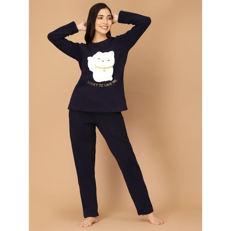 Sweet Dreams Women Applique Round NeckPolar Fleece Winter Nightsuit Navy Blue (Set of 2) (M)