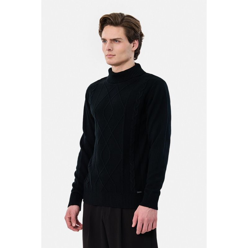 Snitch Black Cable Knit Full Sleeves Regular Casual Sweater (M)