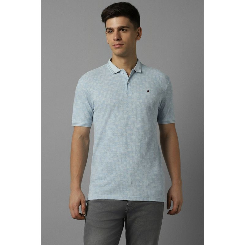 Louis Philippe Men Light Blue Print Polo Neck T-Shirt (M)