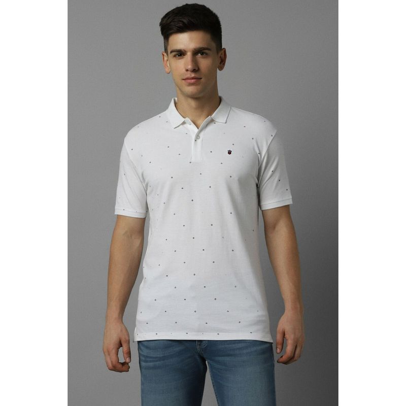 Louis Philippe Men White Print Polo Neck T-Shirt (XL)