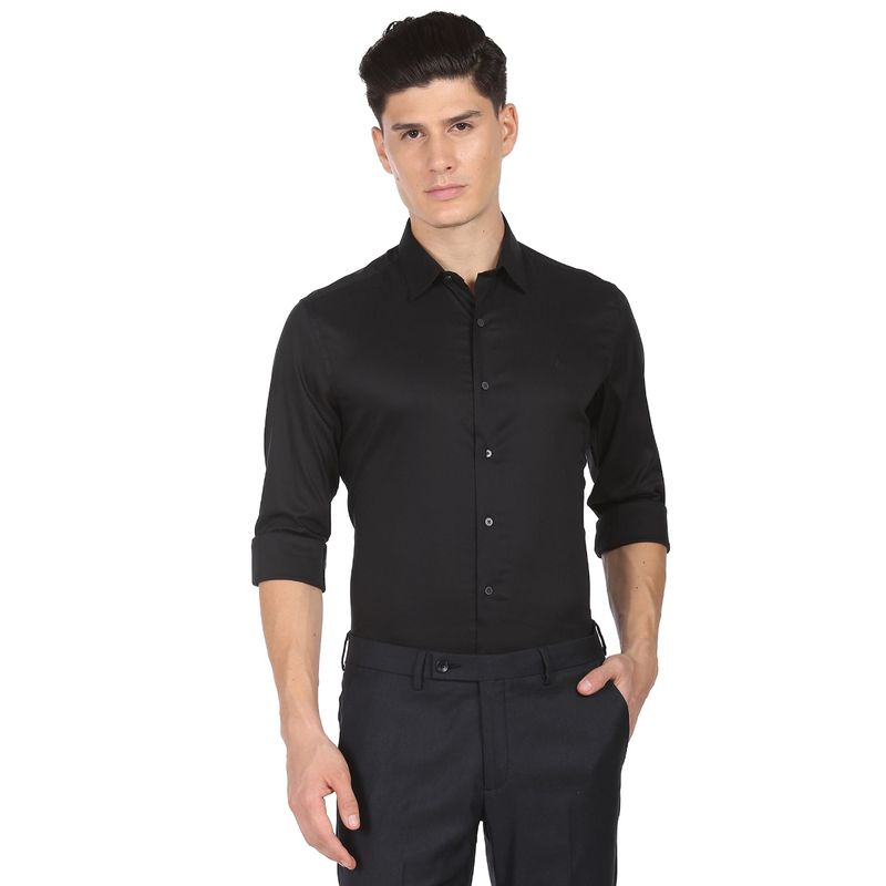 Arrow Newyork Men Black Solid Sateen Weave Manhattan Slim Fit Formal Shirt (38)