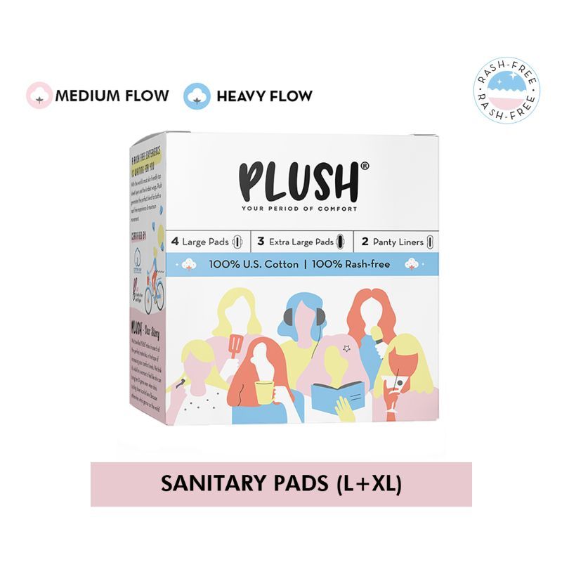 Plush L + XL Sanitary Pads - 100% Pure US Cotton Pads Pads - 7 Pcs + 2 Free Panty Liners